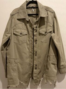 Free People Moonchild Distressed Denim Shacket / Jacket Olive Green XL
